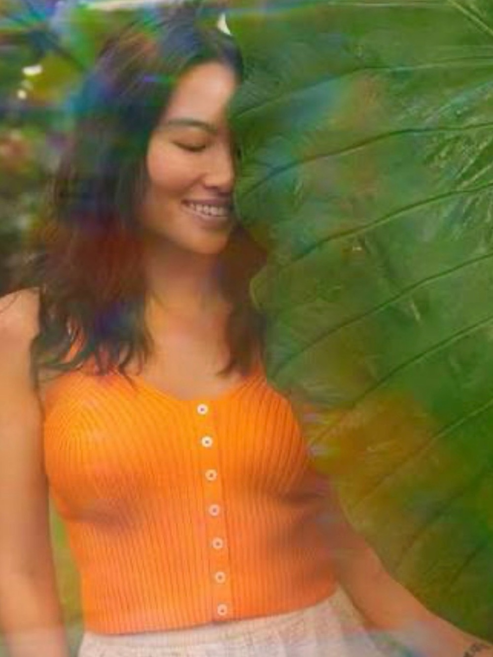aerie Orange Ribbed Button-Front Tank Top
